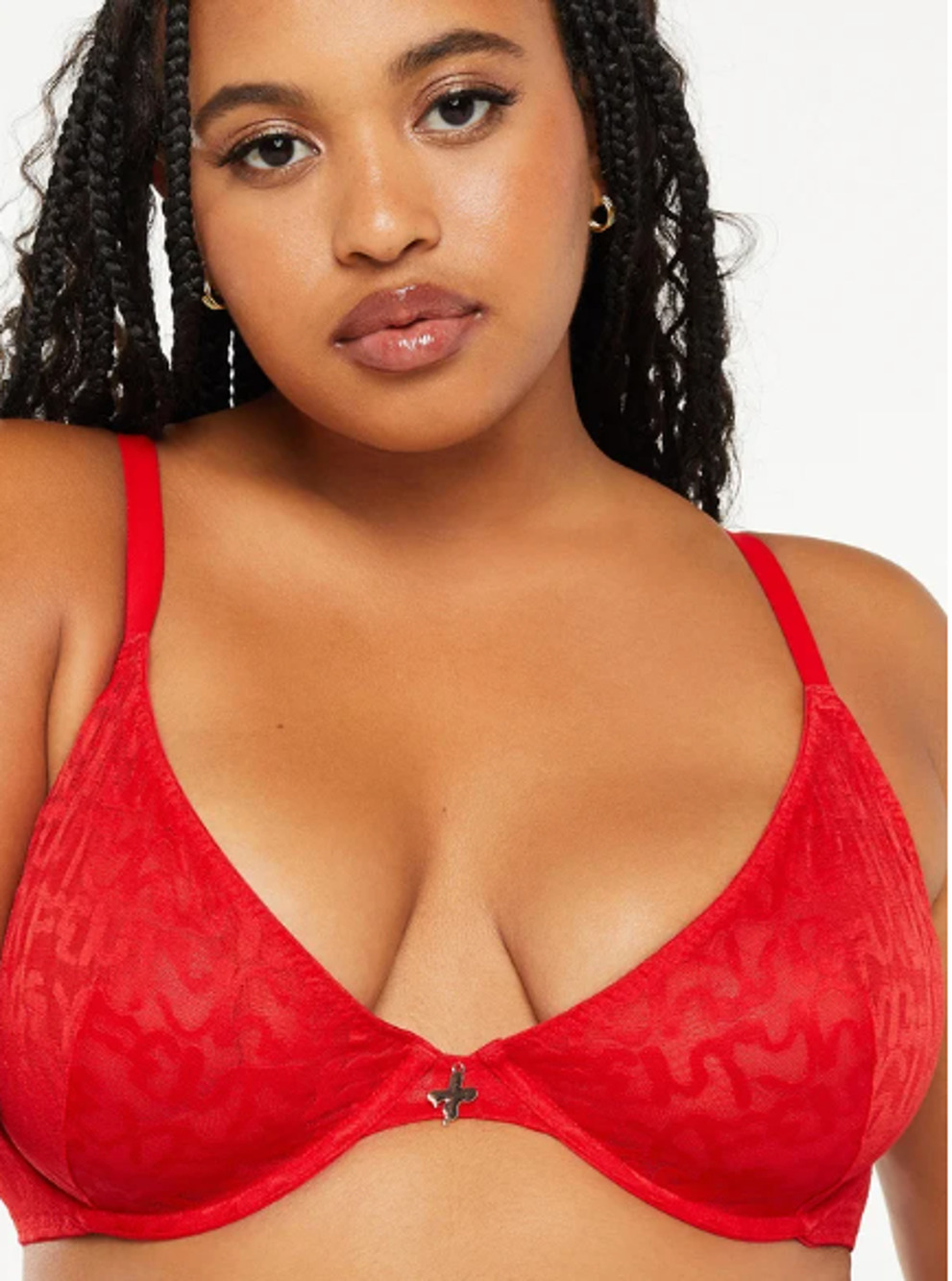 Savage X Fenty Womens Bra Size 42G Red Logo Lace Unlined Mesh Plunge Curvy Cup